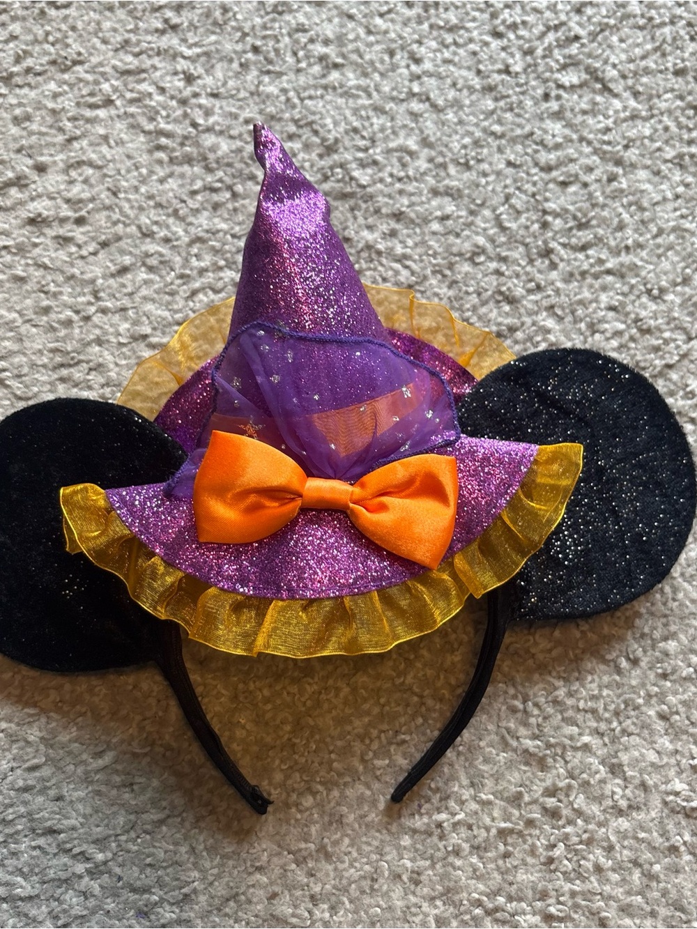 Disney Purple Glitter Witch Minnie Ear Headband with Orange Bow Ears Halloween